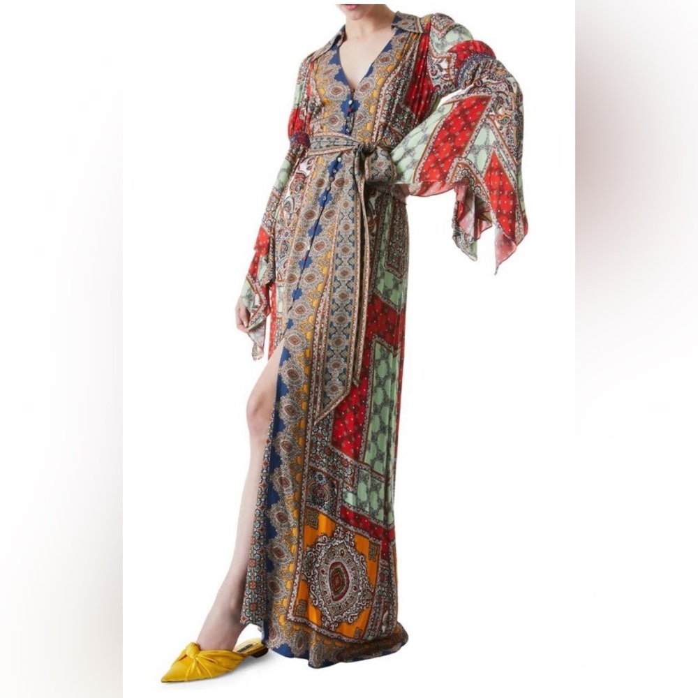 Alice + Olivia Jaylen Mix Scarf Print Handkerchief Sleeve Maxi Dress Size L - Picture 2 of 8